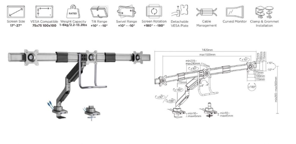 Equip 650162 tripla asztali monitortartó 17"-27"   ezüst