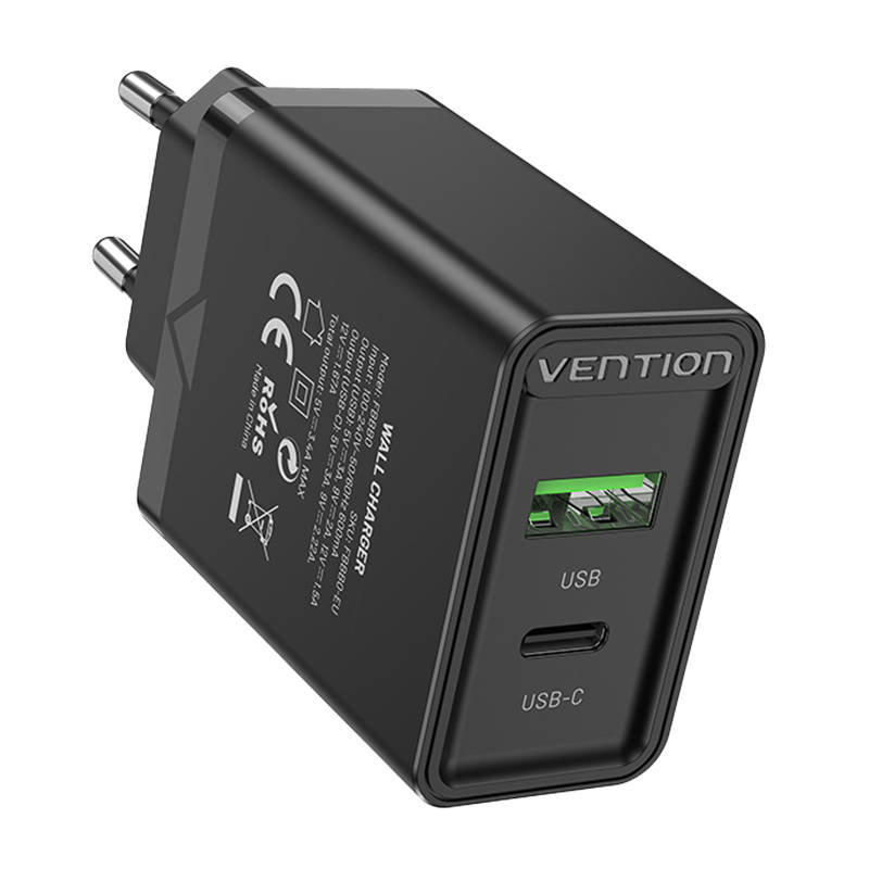 Wall charger EU USB-A(18W), USB-C(20W) Vention FBBB0-EU, 2.4A, PD3.0 (black) Wall charger EU USB-A(18W), USB-C(20W) Vention FBBB0-EU, 2.4A, PD3.0 (black)
