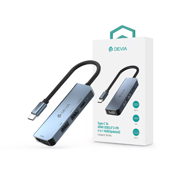 DEVIA ST384899 USB TYPE-C - 2XUSB 3.0 + PD + HDMI ELOSZTÓ/ADAPTER  LEOPARD 4IN1 HUB SZÜRKE