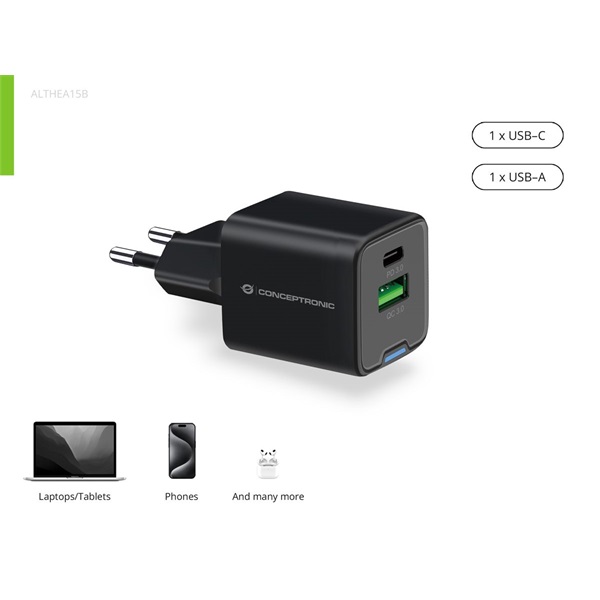 Conceptronic  ALTHEA15B USB-C+USB-A 20W  telefon töltő adapter Fekete 