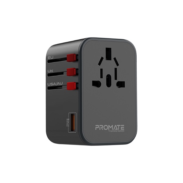 Promate TRIPMATE GAN65 1xUSB-A 2xUSB-C 65W PD QC3.0, US/UK/EU dugó Univerzális adapter fekete Promate TRIPMATE GAN65 1xUSB-A 2xUSB-C 65W PD QC3.0, US/UK/EU dugó Univerzális adapter fekete