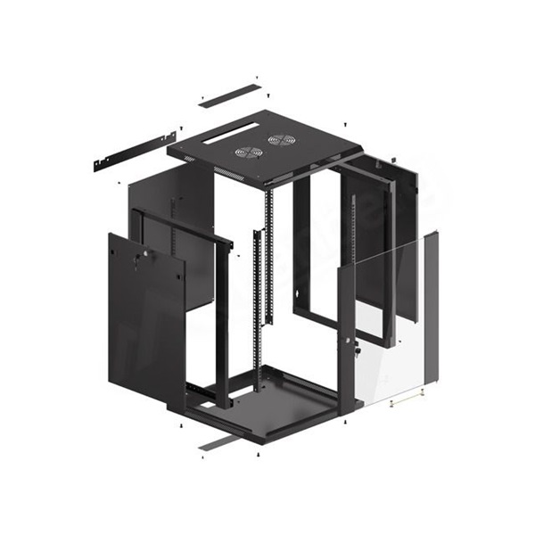 Lanberg WF01-6615-10B 19" 15U SZÉL:600 MÉLY:600 MAG:774 lapraszerelt üvegajtós fekete fali rack szekrény