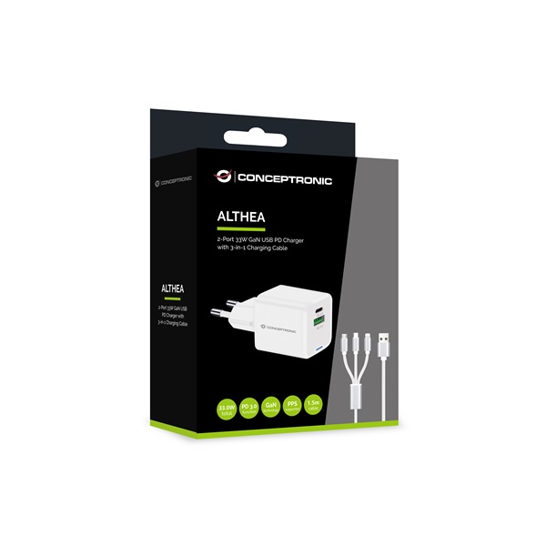 Conceptronic telefon töltő adapter+kábel  ALTHEA16W  USB-C+USB-A  33W  3in1 töltő kábel  Fehér 