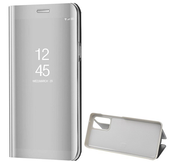 Tok álló (aktív FLIP, oldalra nyíló, asztali tartó funkció, tükrös felület, Mirror View Case) EZÜST [Samsung Galaxy A72 5G (SM-A726F)]
