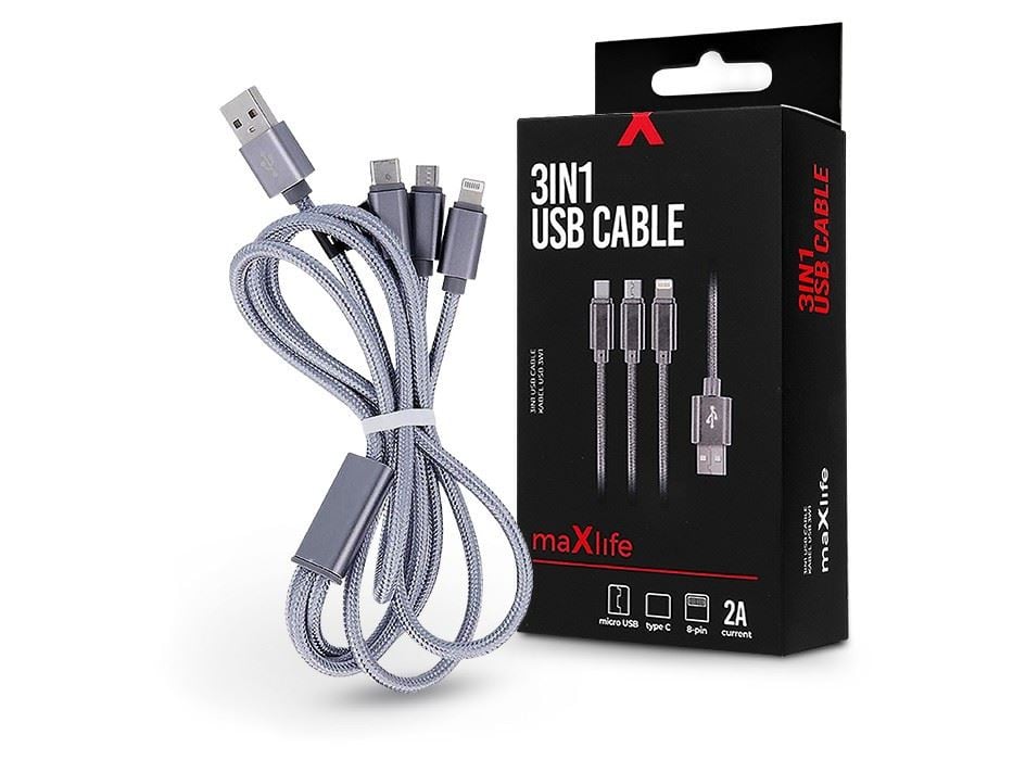 Maxlife TF-0168 3az1-ben USB-A - Lightning/microUSB/Type C adat- és töltőkábel 1m ezüst