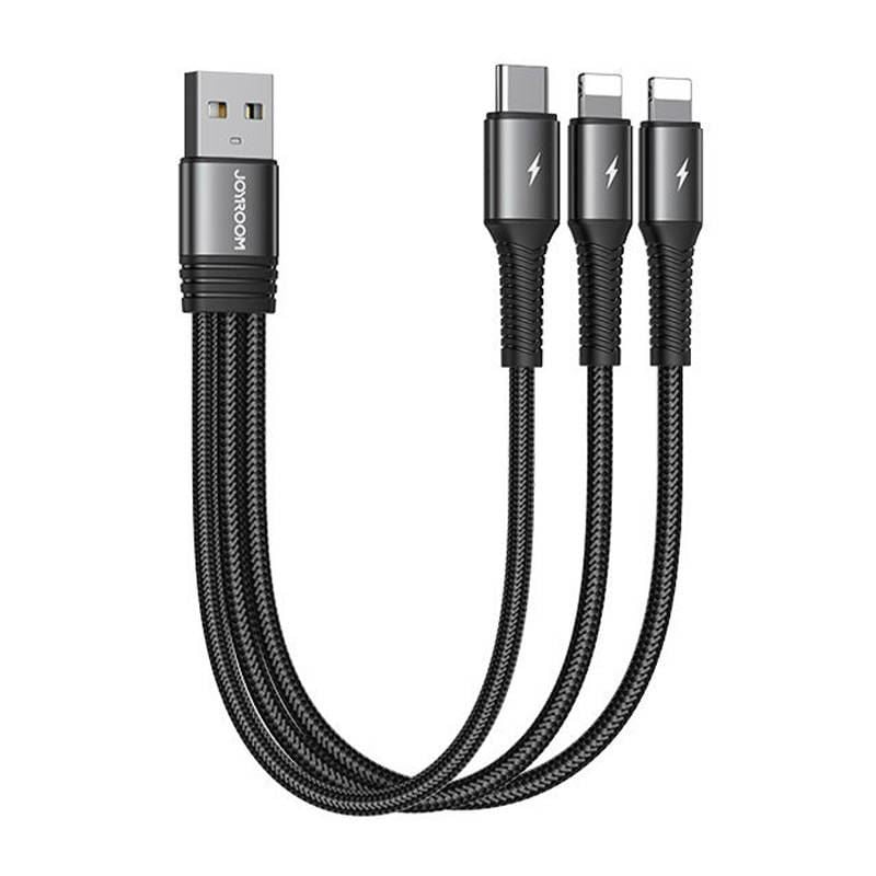 Joyroom S-01530G10 3az1-ben USB-A - USB-C/2x Lightning kábel 3.5A, 0.15m fekete Joyroom S-01530G10 3az1-ben USB-A - USB-C/2x Lightning kábel 3.5A, 0.15m fekete