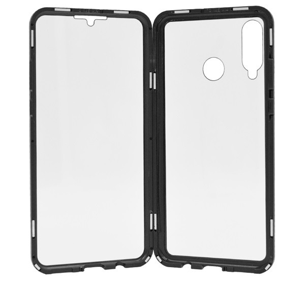 Alumínium telefonvédő (360°-os védelem, mágneses, közepesen ütésálló, edzett üveg előlap, hátlap, 9H) FEKETE [Huawei P30 Lite (Nova 4e)]