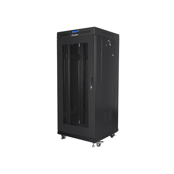 Lanberg 19" szabadon álló rack szekrény 27U/600X600 perforált ajtó  lapraszerelt  LCD kijelző Fekete V2