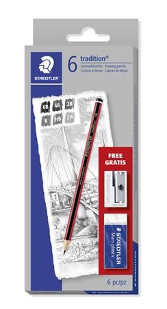 Grafitceruza készlet, hatszögletű, hegyezővel és radírral, STAEDTLER "Mars Lumograph 100", 6 különböző keménység Grafitceruza készlet, hatszögletű, hegyezővel és radírral, STAEDTLER "Mars Lumograph 100", 6 különböző keménység