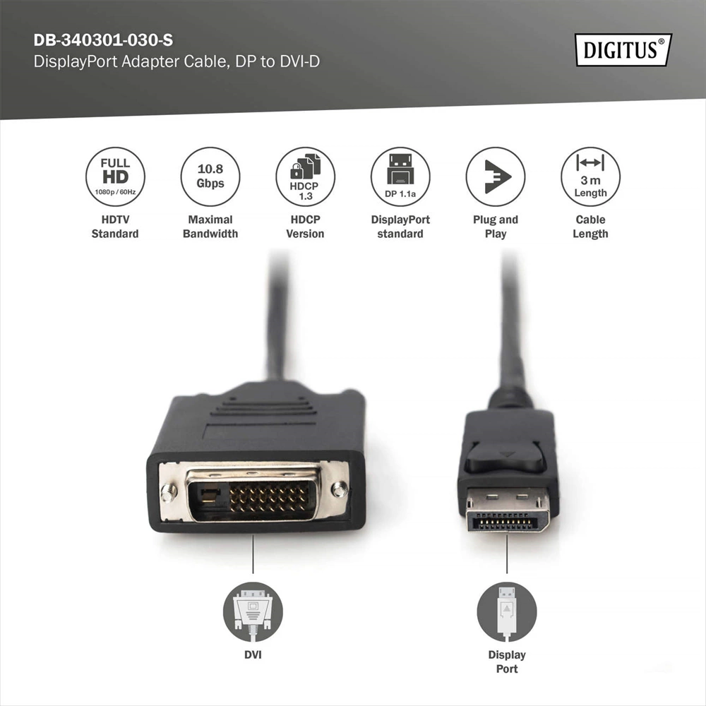DIGITUS Full HD 60Hz Dual Link 1.1a DisplayPort - DVI-D kábel 3m