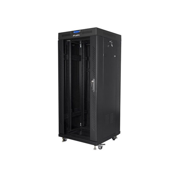 Lanberg FF01-6627-12BL 19" 27U SZÉL:600 MÉLY:600 MAG:1431 lapraszerelt üvegajtós fekete rack szekrény