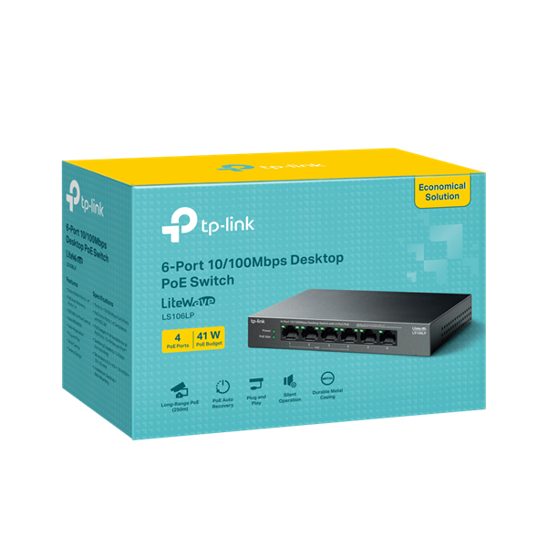 TP-LINK Switch 6x100Mbps (4xPOE) Fémházas Asztali, LS106LP