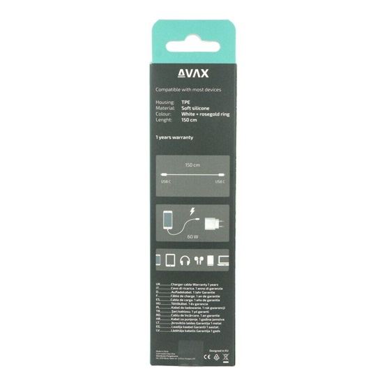  AVAX CB622 CREAMY+ Type C - Type C 60W gyorstöltő kábel Fehér-roséarany 1,5m