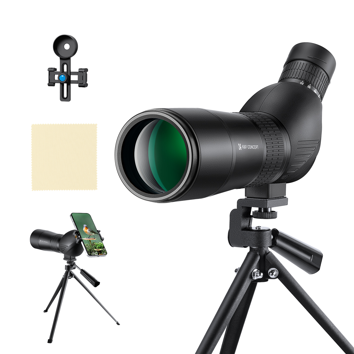 K&F Concept 20-60X60 BAK4 45 fokos spektív telefonadapterrel, állvánnyal és hordtáskával