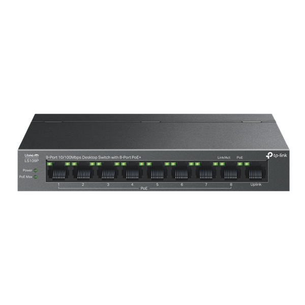 TP-LINK Switch 9x100Mbps (8xPOE+) Fémházas Asztali, LS109P