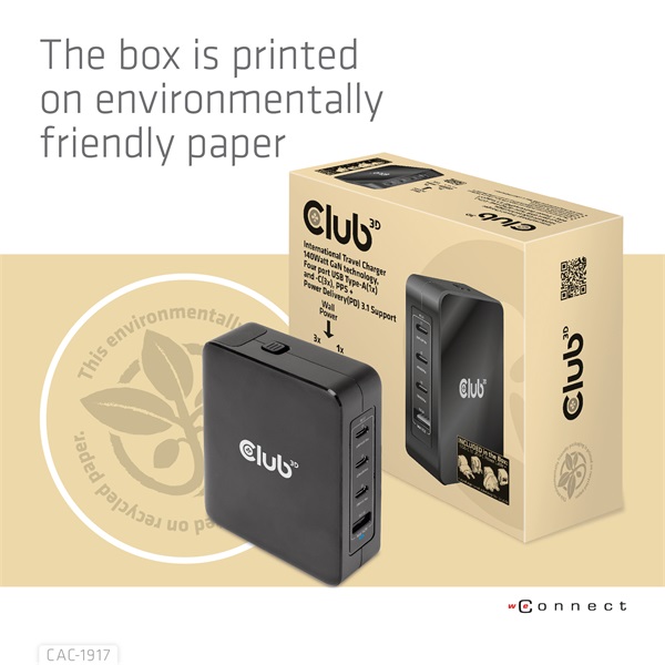Club3D International Travel Charger 140W GaN technology Four port USB Type-A(1x) and -C(3x) PPS + Power Delivery(PD) 3.1 Support