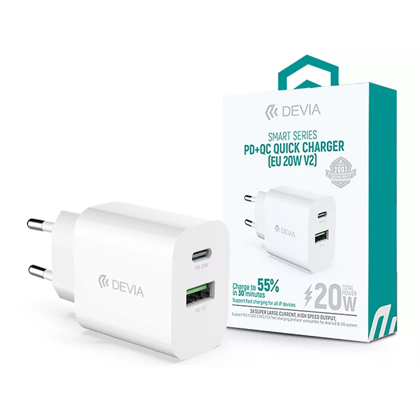 DEVIA ST38524 HÁLÓZATI TÖLTŐ ADAPTER TYPE-C + USB BEMENETTEL - 20W - SMART SERIES PD3.0 + QC3.0 QUICK CHARGER V2 - FEHÉR DEVIA ST38524 HÁLÓZATI TÖLTŐ ADAPTER TYPE-C + USB BEMENETTEL - 20W - SMART SERIES PD3.0 + QC3.0 QUICK CHARGER V2 - FEHÉR