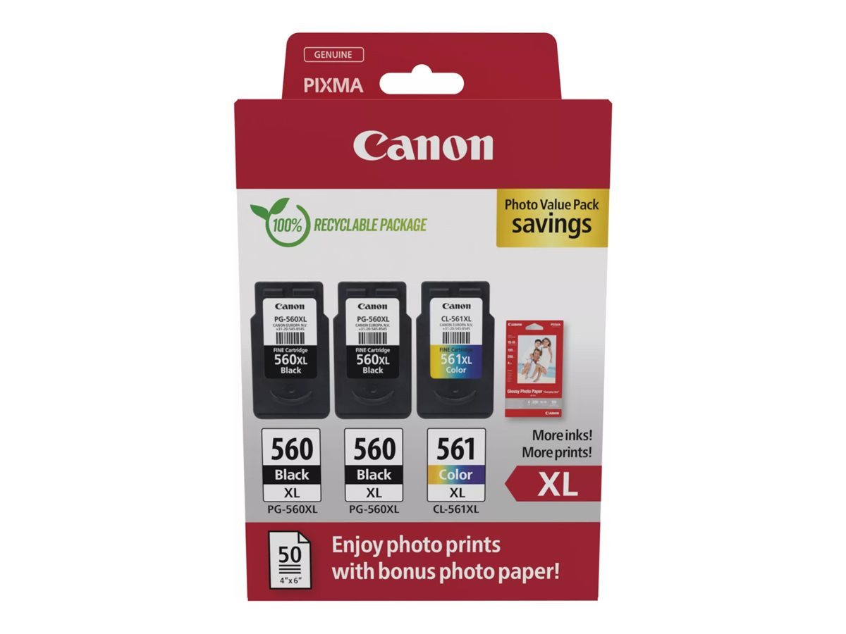 Canon PG-560XLx2 (2x14,3 ml) + CL-561XL (1x12,2 ml) + 50 lap GP501 10x15 fényes fotópapír Multipack Canon PG-560XLx2 (2x14,3 ml) + CL-561XL (1x12,2 ml) + 50 lap GP501 10x15 fényes fotópapír Multipack