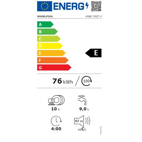 Whirlpool WSBC 3M27 X  10 terítékes keskeny beépíthető mosogatógép