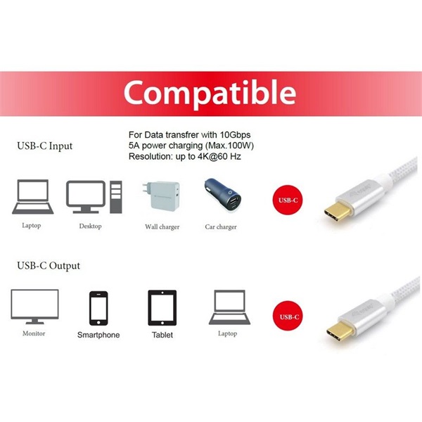 Equip Kábel - (USB-C 3.2 Gen1 to USB-C, apa/apa, fehér, 2m) (128358)