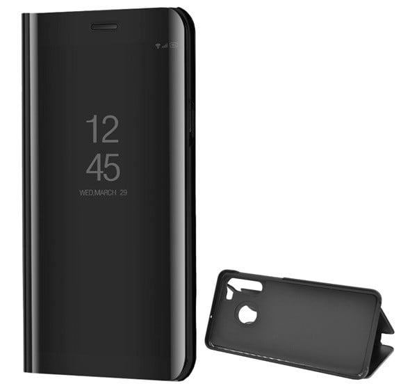 Tok álló (aktív FLIP, oldalra nyíló, asztali tartó funkció, tükrös felület, Mirror View Case) FEKETE [Samsung Galaxy A21 (SM-A210F)]