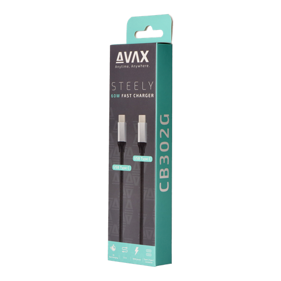  AVAX CB302G STEELY Type C-Type C 60W  1,5m 3A gyorstöltő  kábel  acélszürke