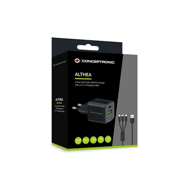 Conceptronic   ALTHEA16B  USB-C+USB-A  33W   telefon töltő adapter+3in1kábel Fekete