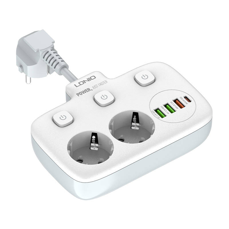 Power strip with 2 AC sockets, 3x USB, USB-C, LDNIO SE2435, 2500W (white)