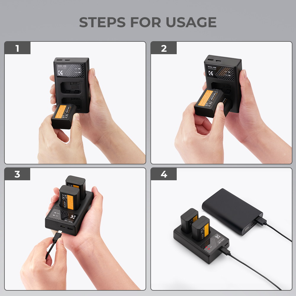 K&F Concept hordozható dupla USB-C akkumulátor BC-TRW töltő + 2db FW50 akkumulátor 1100mAh