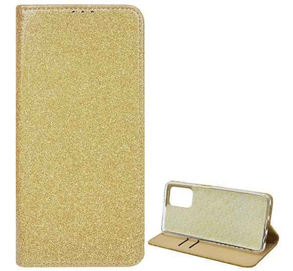 Tok álló, bőr hatású (FLIP, szilikon belső, oldalra nyíló, asztali tartó funkció, bankkártya tartó, csillogó) ARANY [Xiaomi Redmi Note ...