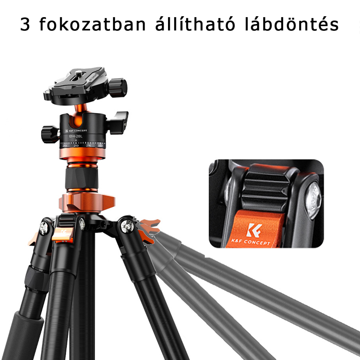 K&F Concept K255A4+BH-28L állvány + monopod, fekete-narancssárga V2 K&F Concept K255A4+BH-28L állvány + monopod, fekete-narancssárga V2