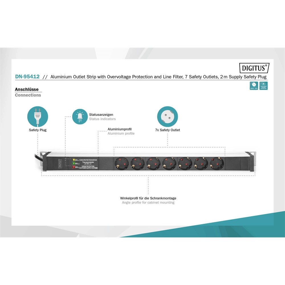 DIGITUS 1U rack alumínium 7 schuko dugaljas hálózati elosztó