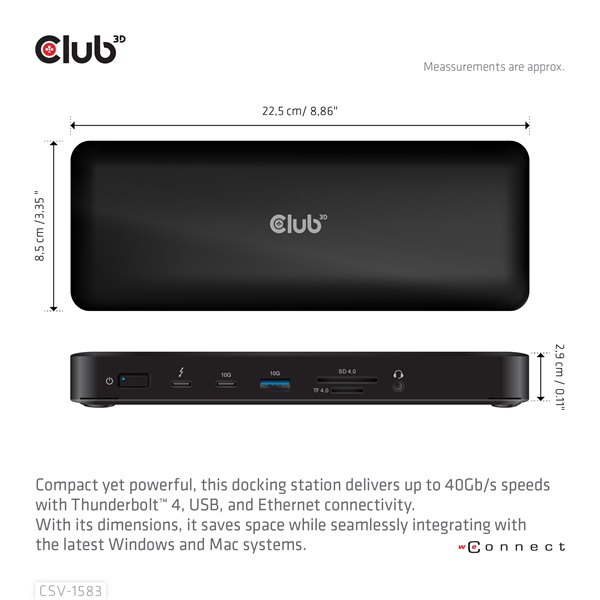 Club 3D CSV-1583 140W  2xThunderbolt 4 3xDP  2xHDMI, USB-C, 3xUSB-A, SD, TF, RJ45, 3,5 Jack, DC Notebook Dokkoló
