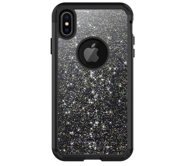 Defender műanyag telefonvédő (szilikon belső, közepesen ütésálló, flitteres, logó kivágás) FEKETE [Apple iPhone XS Max 6.5]