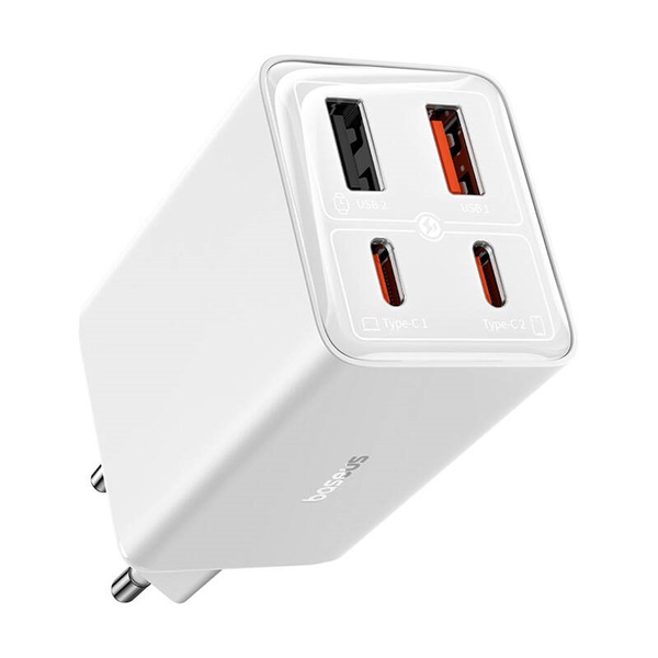 Baseus GaN6 Pro hálózati gyorstöltő 65W 2×USB Type-C + 2×USB Type-A fehér + 100W USB Type-C 1m kábel