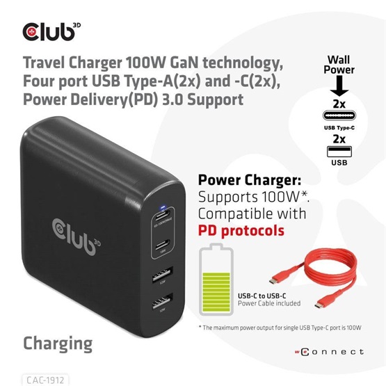 Club3D USB-C Power Adapter 100W EU   Hálózati töltő