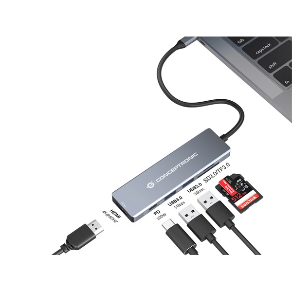 Conceptronic  DONN23G  USB-C to HDMI/USB-C PD/USB 3.0/SD/TF Notebook Dokkoló