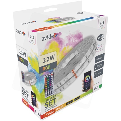 Avide ALSB5050RGBTUYA44-10M LED SZALAG BLISZTER 12V 22W RGB 2x5m TUYA - Zene vez. + IR távirányító Avide ALSB5050RGBTUYA44-10M LED SZALAG BLISZTER 12V 22W RGB 2x5m TUYA - Zene vez. + IR távirányító