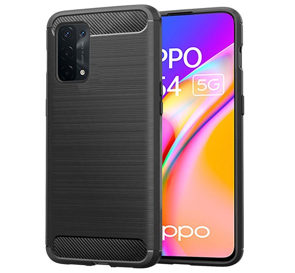 Szilikon telefonvédő (közepesen ütésálló, légpárnás sarok, szálcsiszolt, karbon minta) FEKETE [Oppo A74 5G]