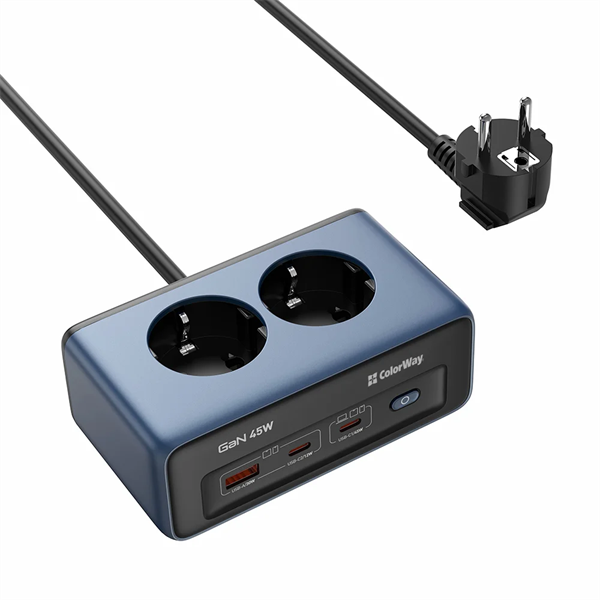 COLORWAY Hálózati és USB elosztó, 2 dugalj, 2x220V/1xUSB-A/2xUSB-C (GaN45W)
