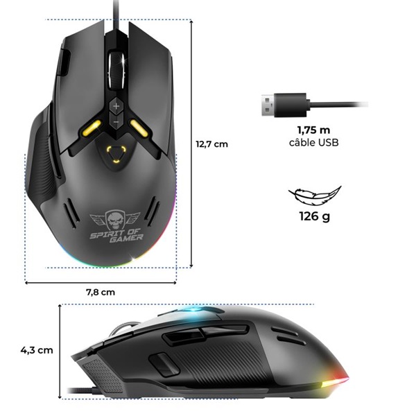 Spirit of Gamer ELITE-M60 Optikai  20000 DPI  1000Hz  9 programozható gomb  RGB  vezetékes Egér Fekete