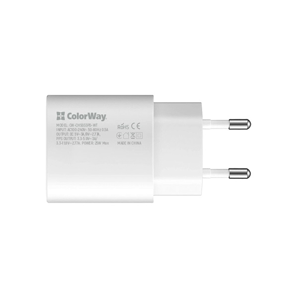 COLORWAY CW-CHS033PD-WT  Power Delivery Port PPS USB Type-C (25W) USB töltő adapter Fehér  