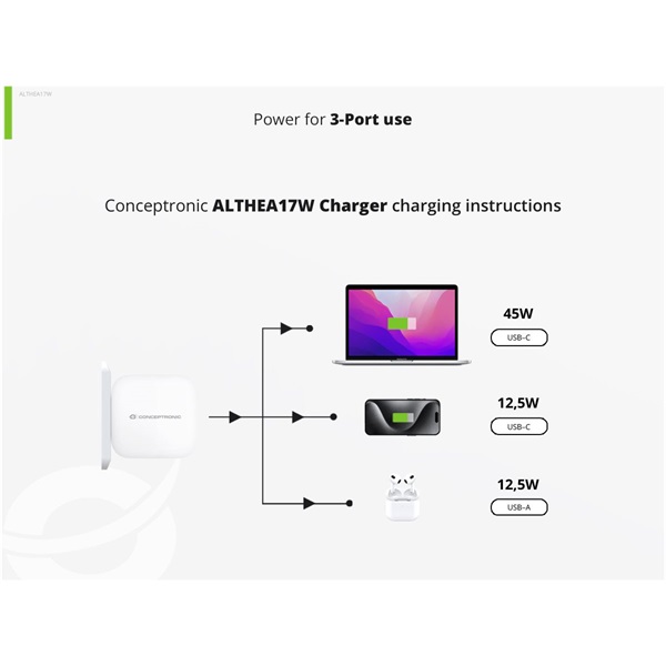 Conceptronic  ALTHEA17W 2xUSB-C+USB-A 67W  USB-C töltő kábel telefon töltő adapter+kábel Fehér