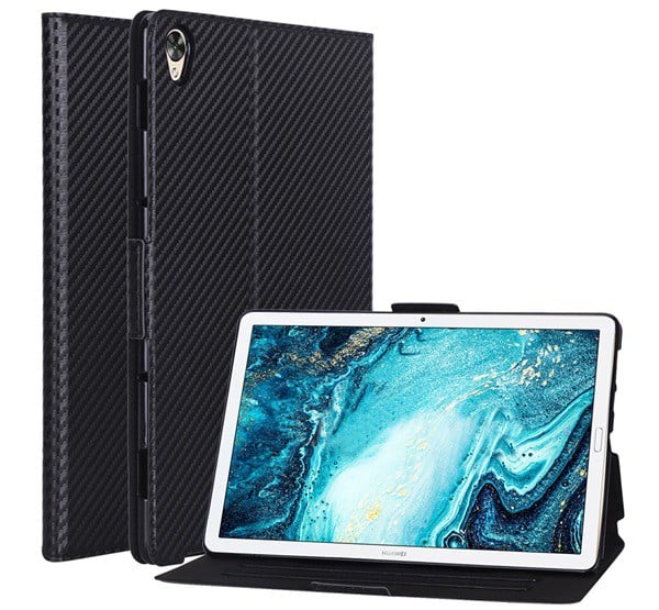 Tok álló, bőr hatású (FLIP, oldalra nyíló, asztali tartó funkció, karbon minta) FEKETE [Huawei MediaPad M6 10.8 LTE]