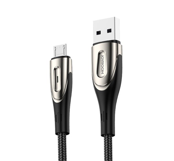 JOYROOM SHARP adatkábel és töltő (USB - microUSB, gyorstöltés támogatás, 200cm, nylon, törésgátló, cipőfűző) FEKETE ...