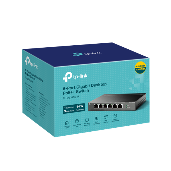 TP-LINK Switch 6x1000Mbps(3xPOE+ + 1xPOE++) Fémházas Asztali, TL-SG1006PP