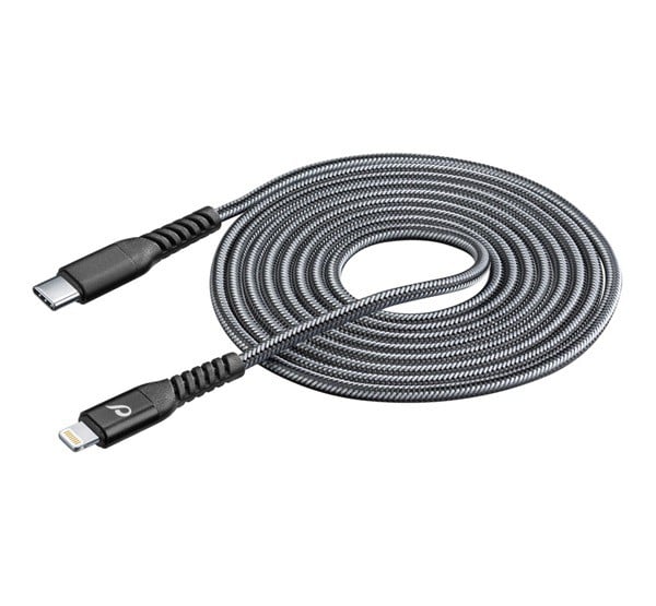 CELLULARLINE adatkábel és töltő (Type-C - lightning 8pin, kevlár borítás, gyorstöltés támogatás, MFI, 120cm) FEKETE (TETRACABC2LMFI1MK)